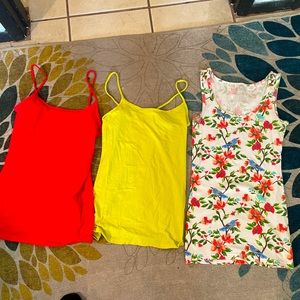 3 tank top/spaghetti straps in red, lime green, flower bird print